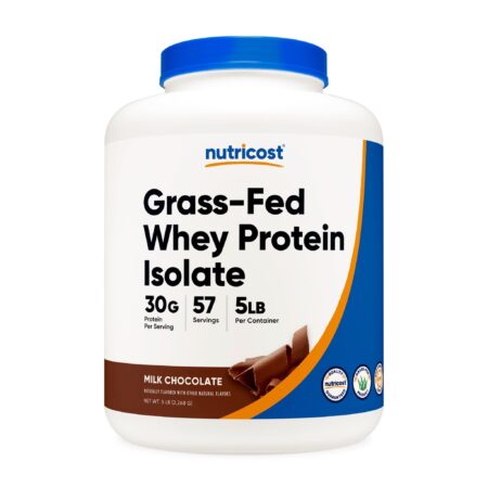 a white container with blue label for Grass Fed Protein Powder
