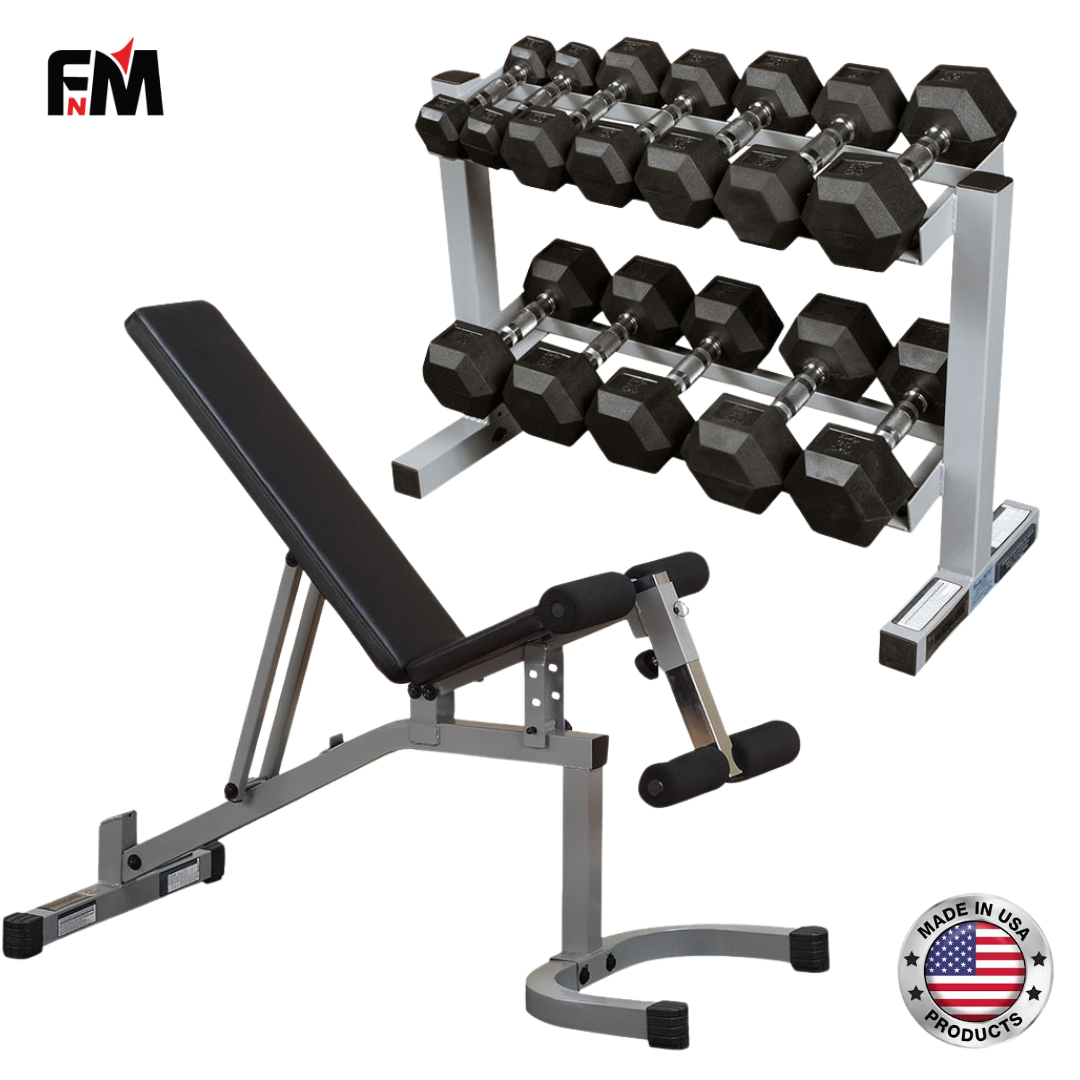 FitNMeet Adjustable Bench & Dumbbell Set with Rack – 5–30 lb Rubber Hex Weights
