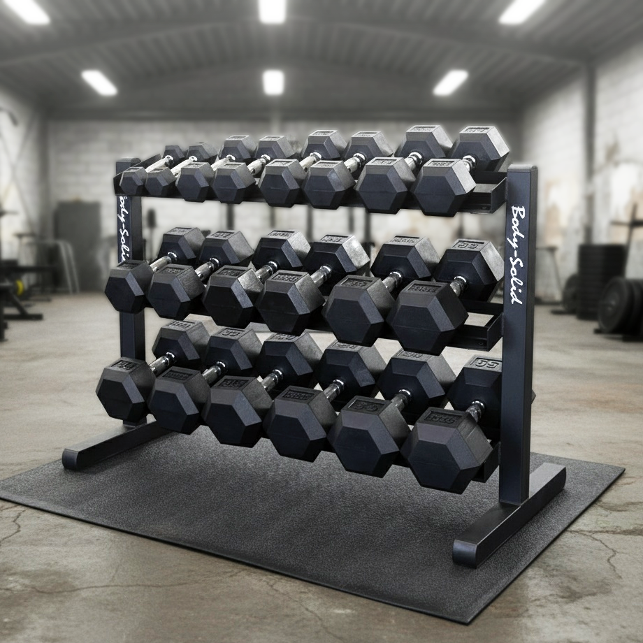 FitnMeet 5–50 lb Rubber Coated Dumbbell Package with Body-Solid 3-Tier Storage Rack – Adjustable Dumbbell Set for Home & Commercial Gym Workouts