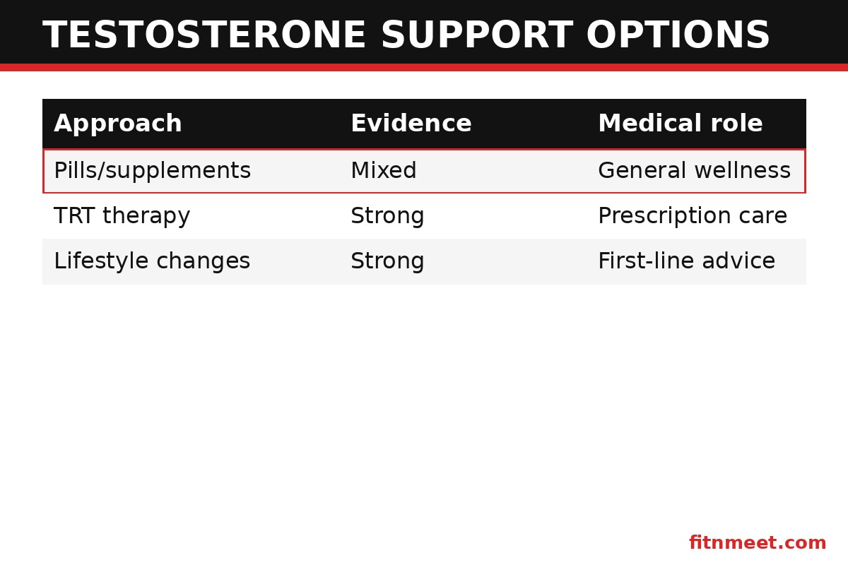 Testosterone pills comparison: supplements vs TRT therapy vs lifestyle changes