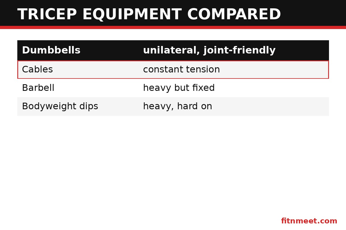 Tricep workout with dumbbells versus cables, barbells, dips and resistance bands equipment comparison