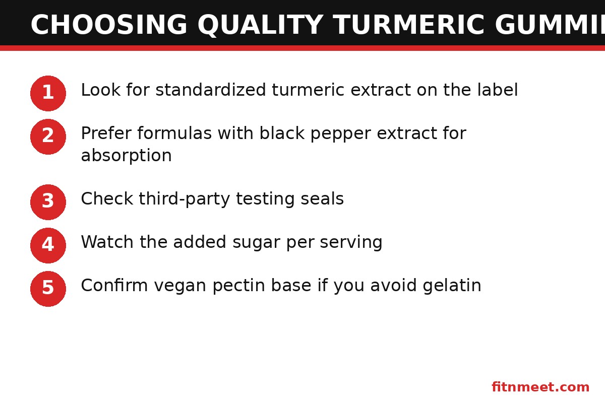 Checklist for choosing quality turmeric gummies: extract, piperine, testing, sugar, vegan base