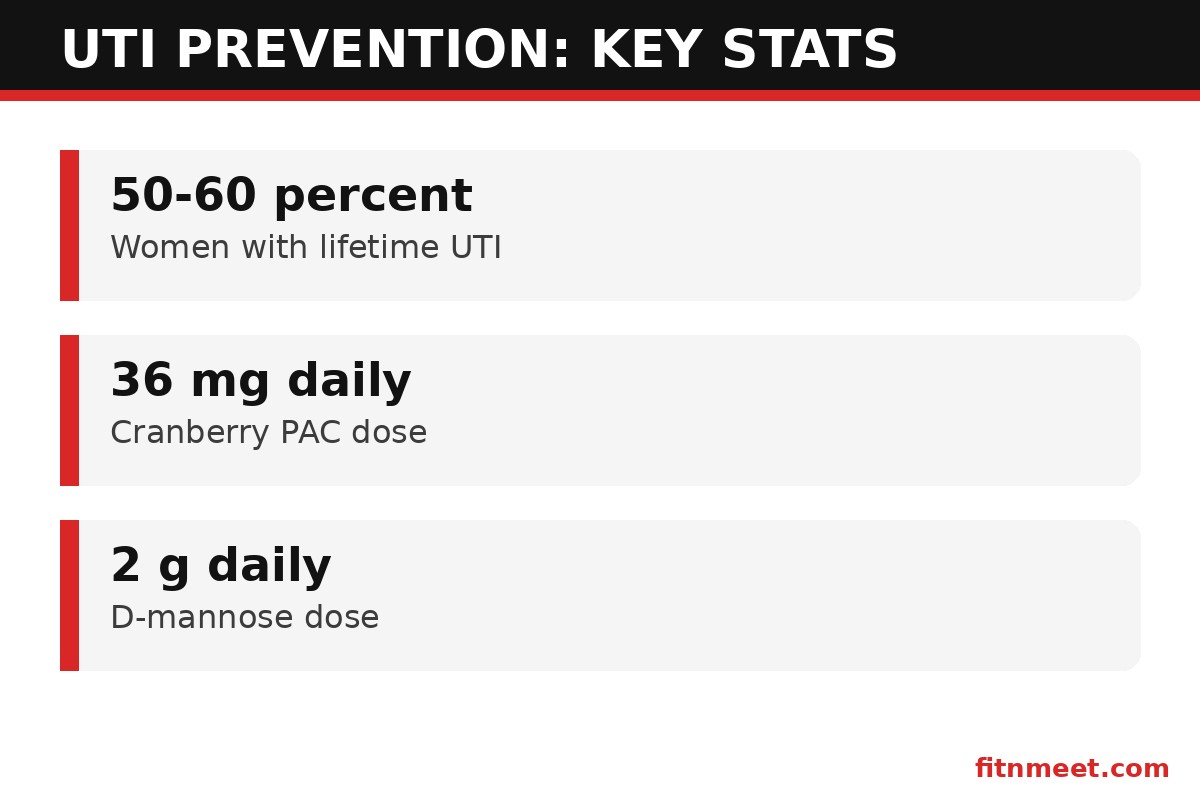 Urinary tract supplements key stats: 50 to 60 percent lifetime UTI rate, 36 mg PAC dose, 2023 Cochrane review findings