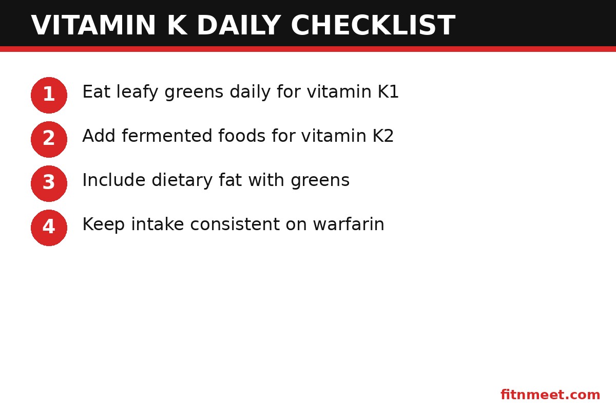 Vitamin K daily checklist - leafy greens, fermented foods, healthy fats, and warfarin consistency