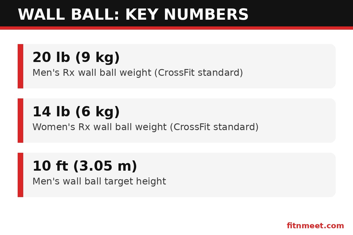 Wall ball key standards: 20 lb men's ball, 14 lb women's ball, 10 ft and 9 ft target heights