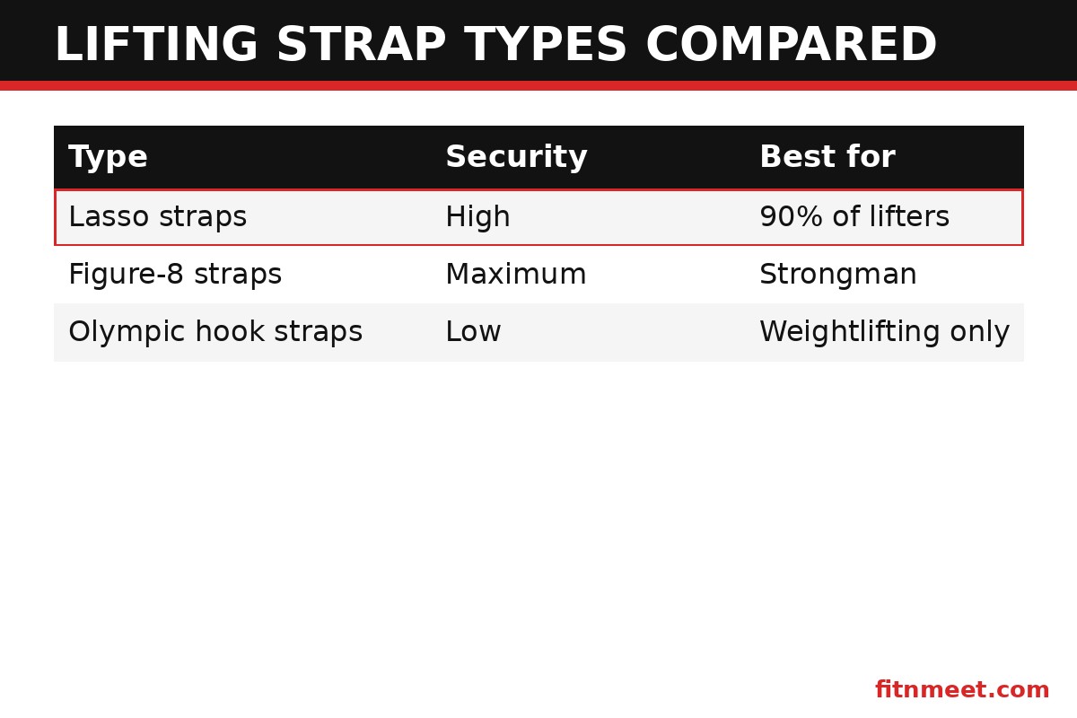 Weight lifting straps types compared: lasso, figure-8 and Olympic hook straps