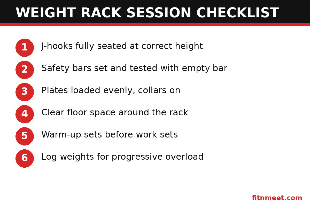Weight rack session safety checklist: safety bar setup, loading checks and progression logging