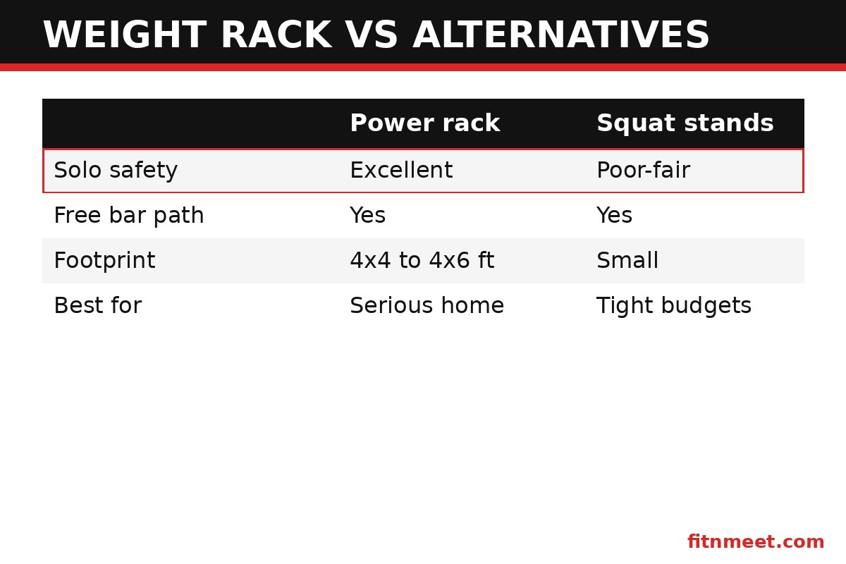 Weight rack vs squat stands vs Smith machine comparison chart for home gym buyers