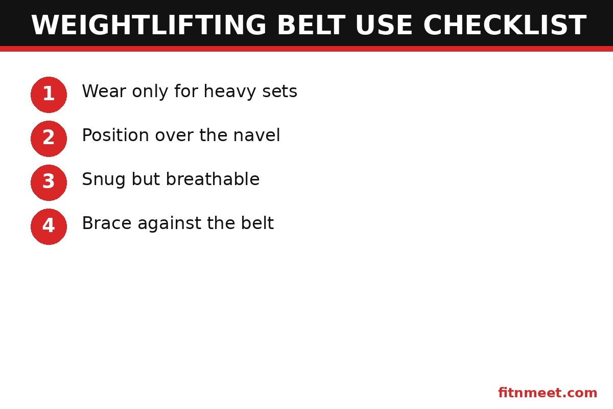 Weightlifting belt use checklist: wear only for heavy sets, position over navel, brace against the belt
