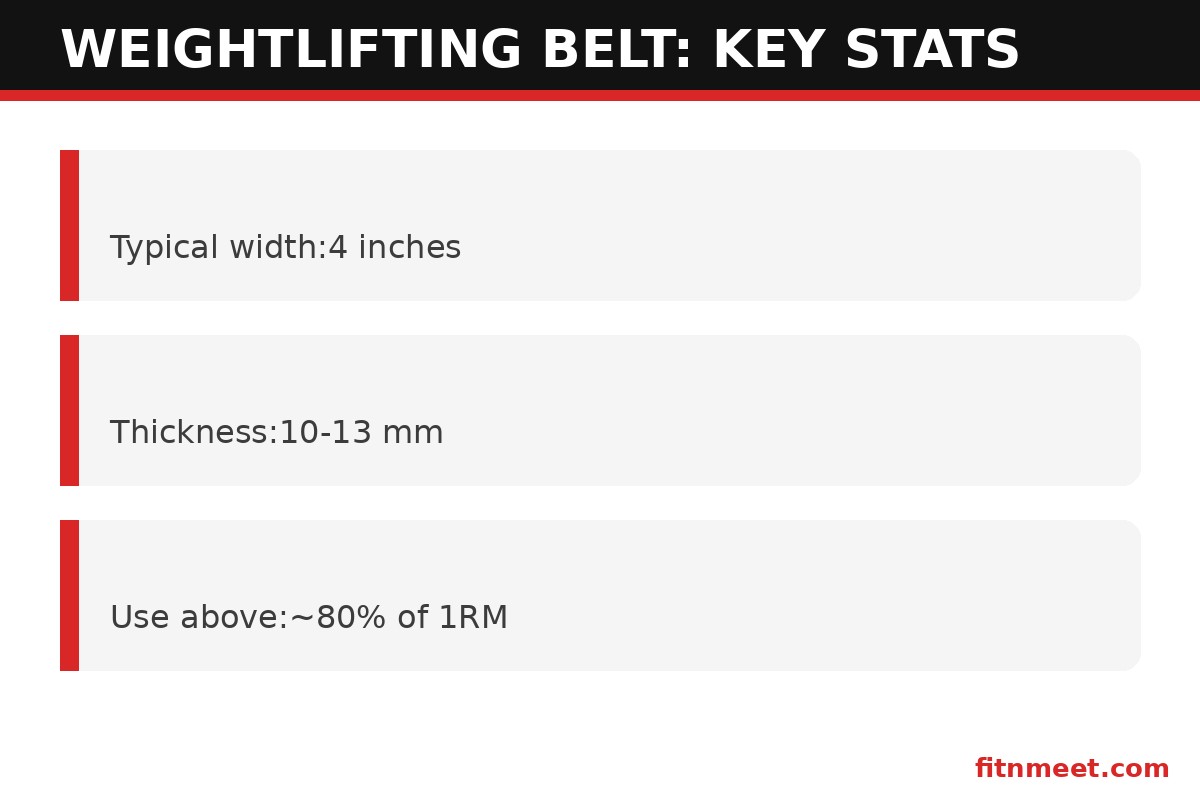 Weightlifting belt key stats: 4 inch width, 10-13mm thickness, use above 80 percent of 1RM