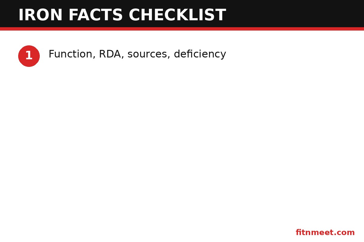 NCLEX iron study checklist: hemoglobin facts, deficiency signs, RDA values, supplement teaching points, and memory aids