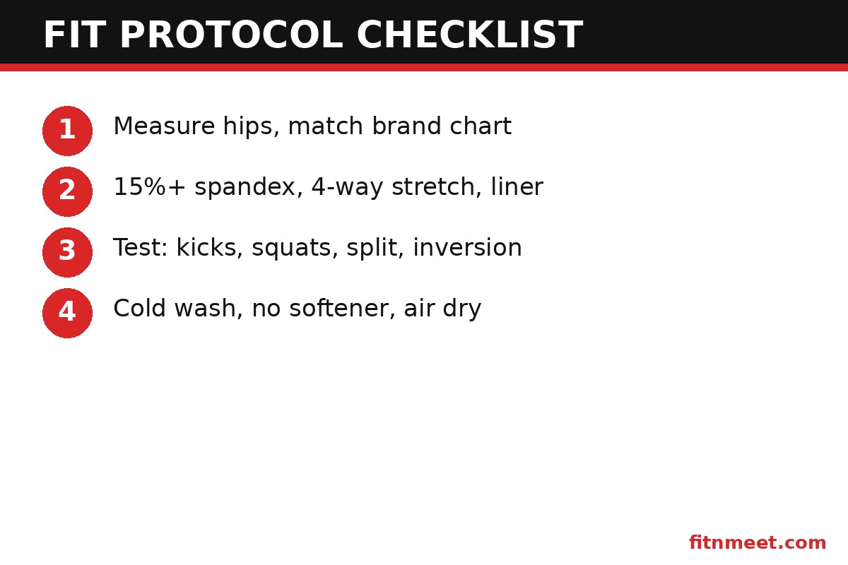 Women's gymnastic shorts fit protocol checklist: measuring, sizing and testing