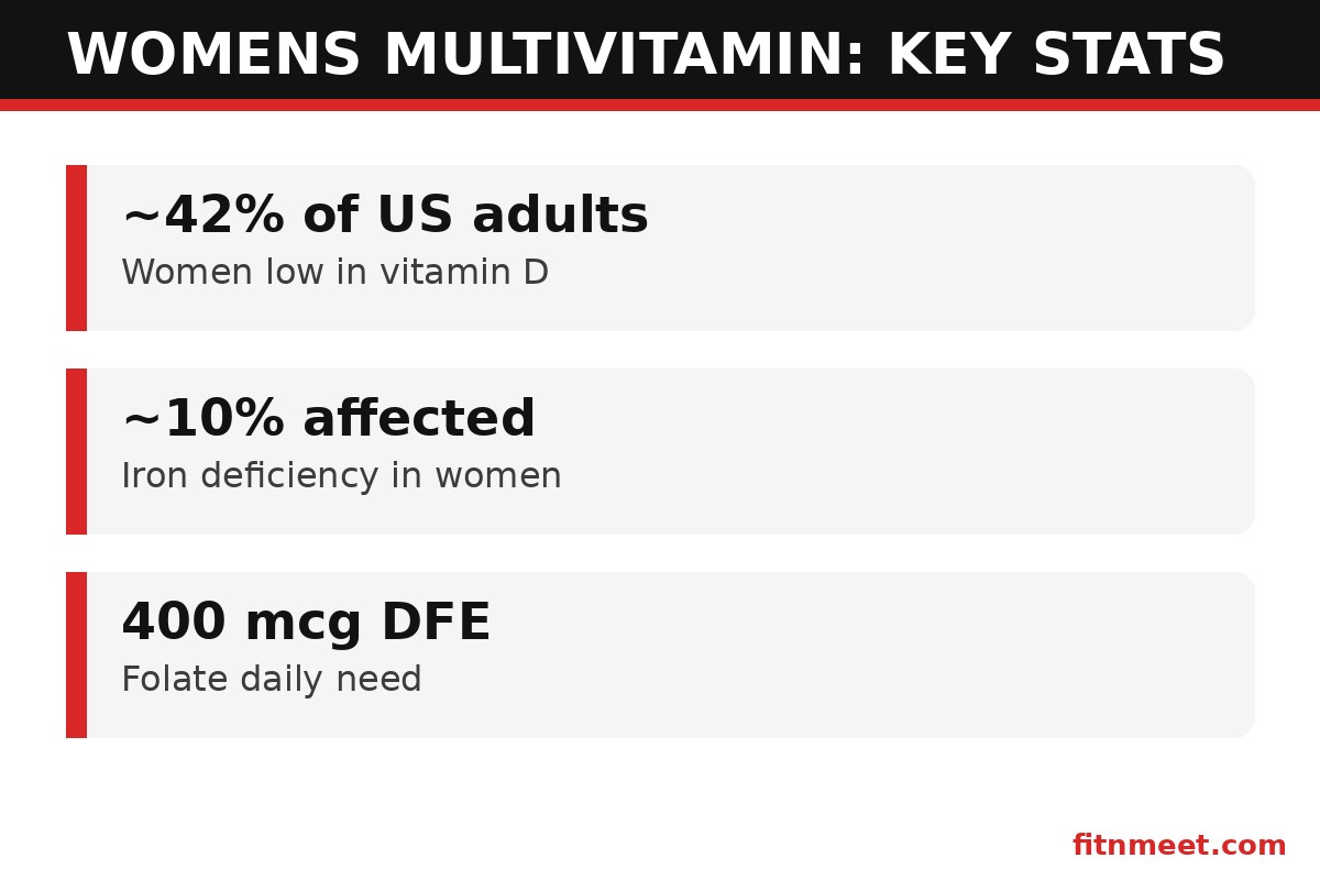 Womens multivitamin key nutrition stats card: vitamin D, iron deficiency and folate needs