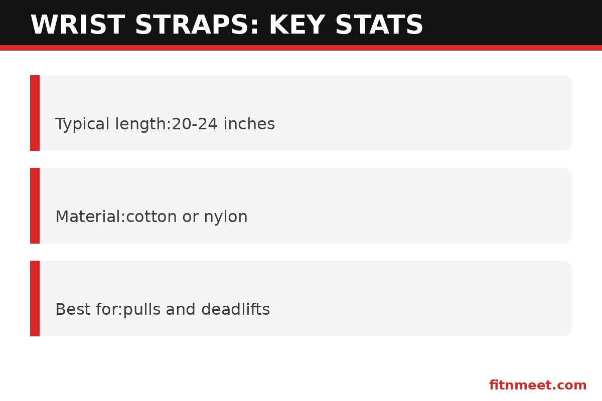 Wrist straps key stats: 20-24 inch length, cotton or nylon material, best for deadlifts and rows